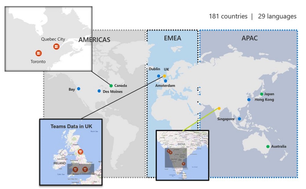 Location of Teams data services in Azure datacenters worldwide